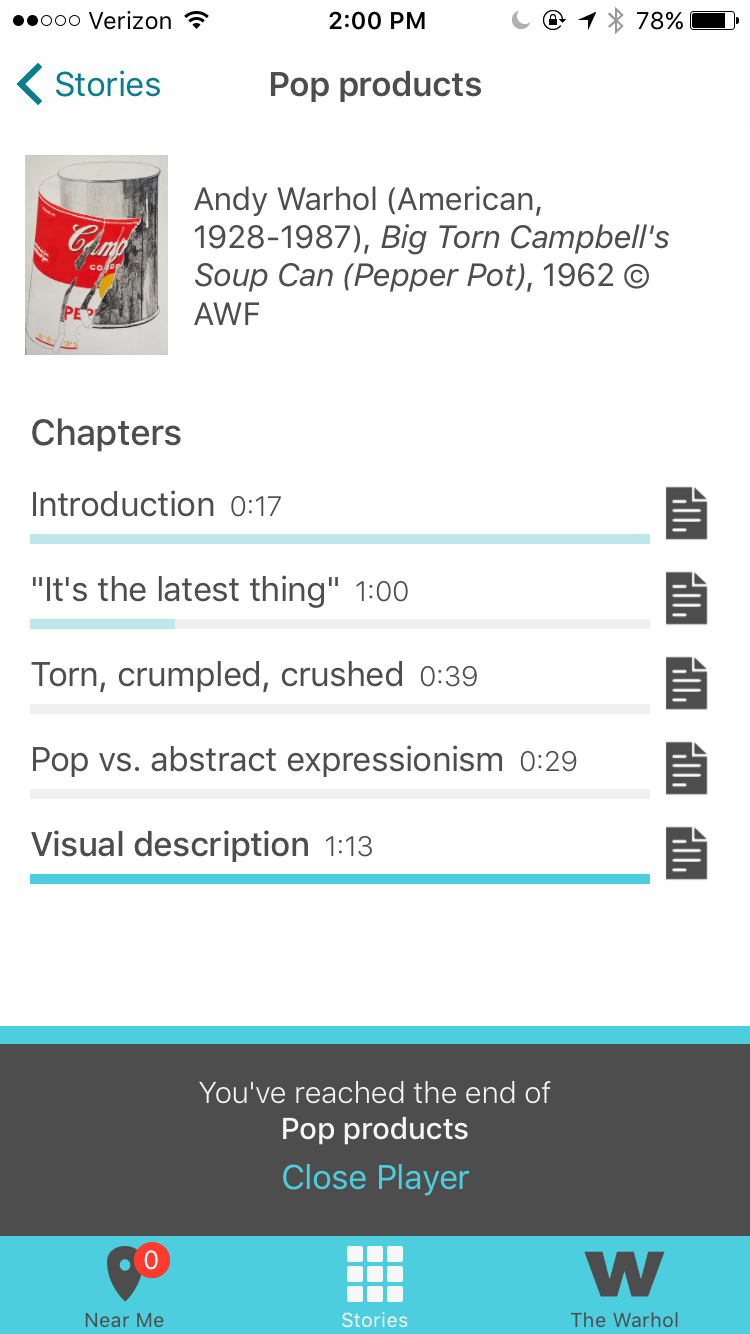 Screen shot of the final Out Loud learning player design, in which the user has listened to all of the chapters and can now choose to close the audio player