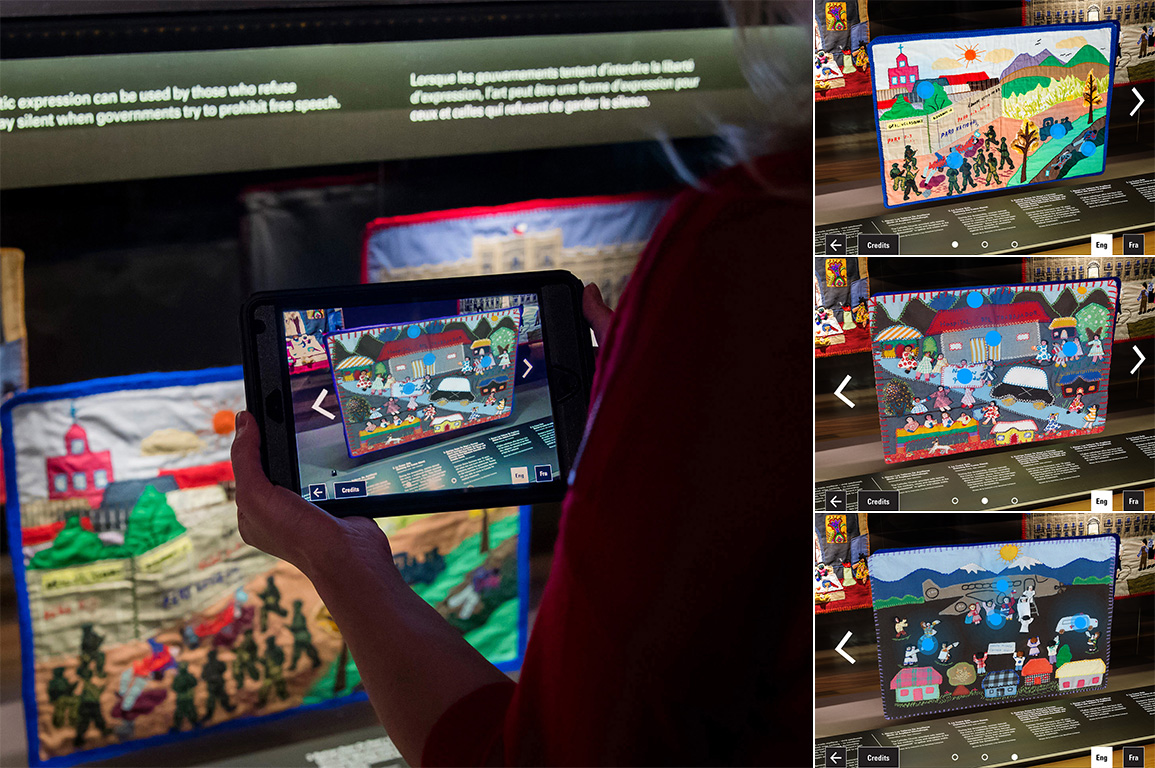 A visitor holding a small tablet pointed at a glass case along with screenshots from the app.