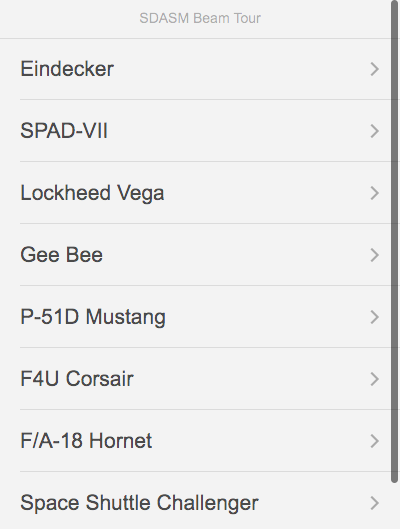 Screenshot of web app listing airplane types